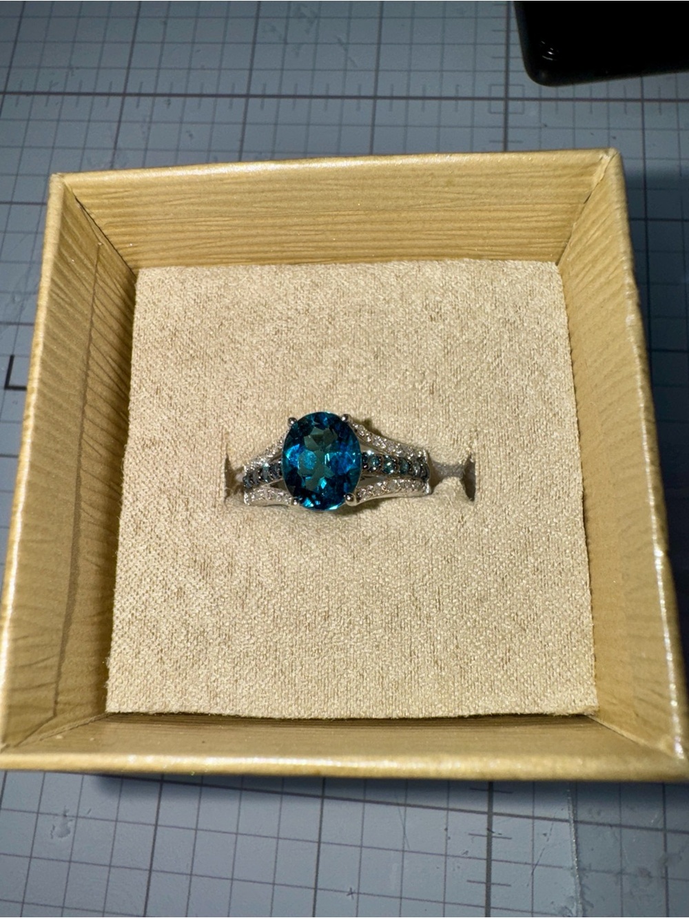 3.23CTW London Blue Topaz w .10CTW White Diamond Sterling Silver Ring Size 7